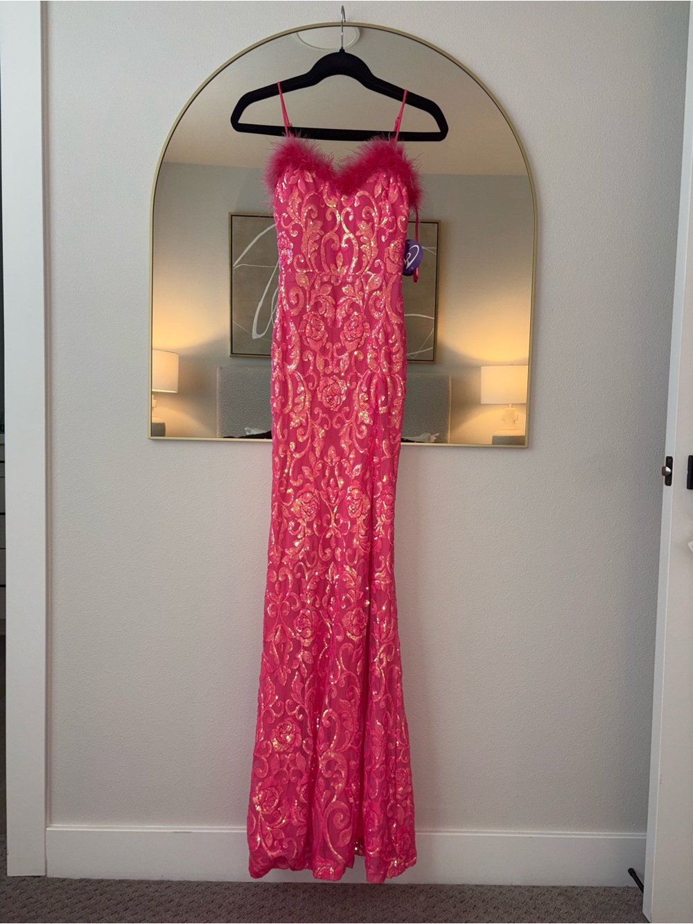 Windsor Hot Pink Sequin Feather-Trim Prom Gown